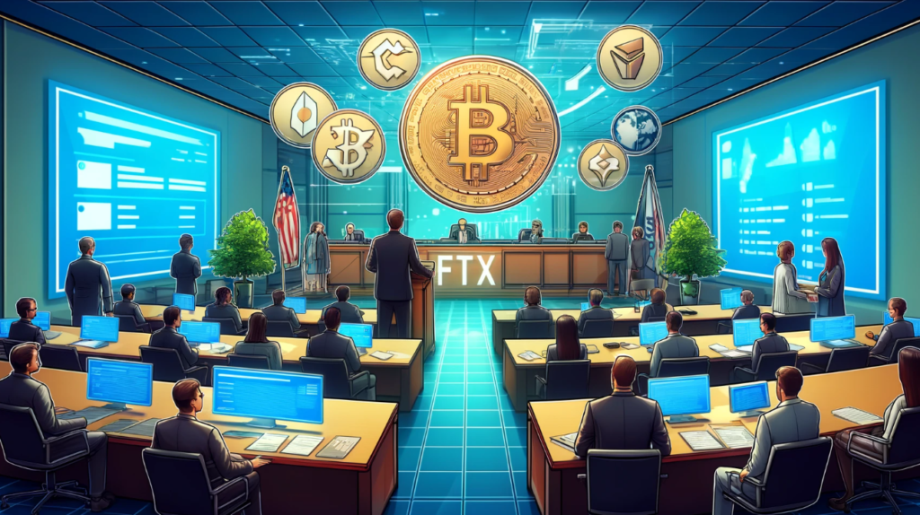 Illustration depicting FTX's settlement with the IRS over a $24 billion tax claim, showing IRS and court documents with cryptocurrency symbols