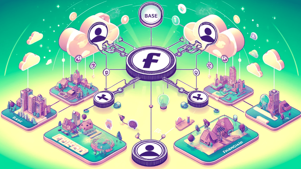 Illustration of Friend.tech's migration from Base to its own blockchain, Friendchain, with symbols of Friend.tech and Base, and FRIEND tokens being used as gas tokens