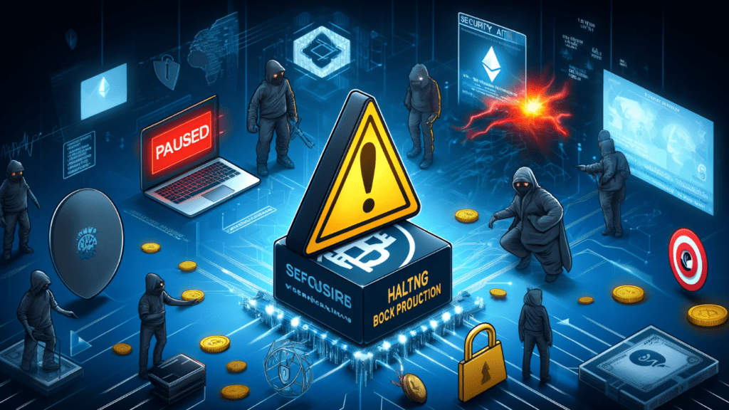 Illustration of the Linea network's zkEVM halting block production with a security alert symbol, surrounded by digital representations of Velocore DEX, Ethereum tokens, and a hacker's wallet