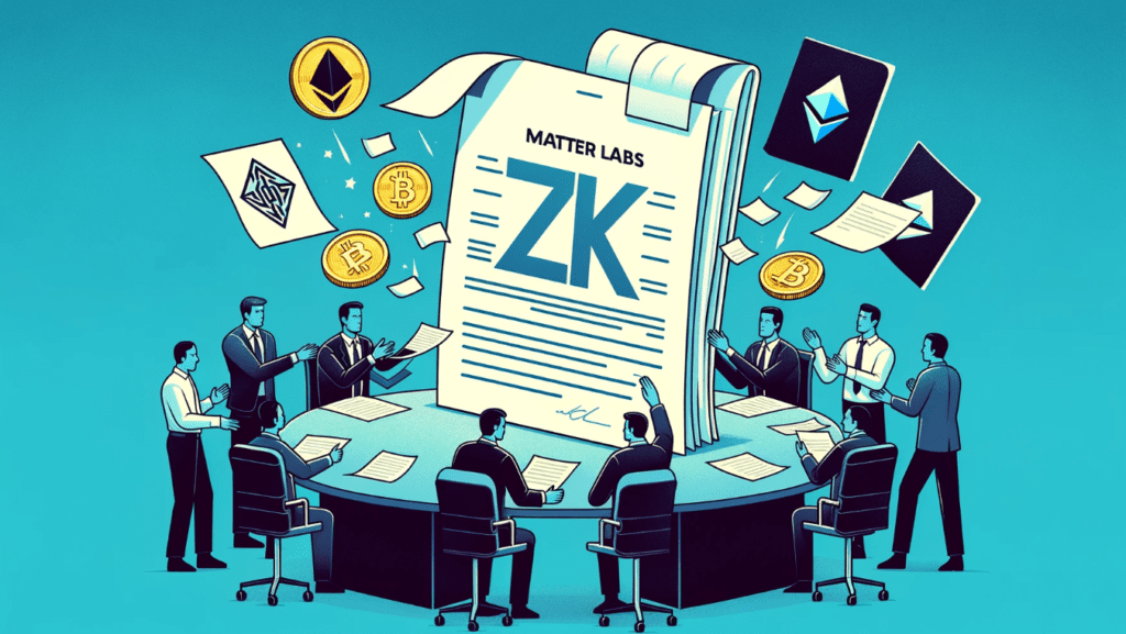 Illustration of Matter Labs withdrawing 'ZK' trademark applications, showing legal documents being pulled back, surrounded by symbols of Ethereum, zkSync, Starknet, and PolygonZero, with industry leaders in discussion