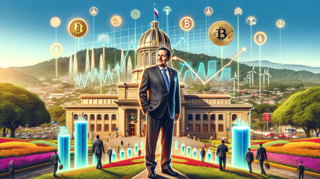 President Nayib Bukele standing proudly with the National Palace in the background, surrounded by symbols of Bitcoin, financial growth charts, and geothermal energy representations