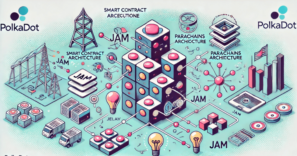 Illustration of Polkadot's transition from parachain architecture to the new JAM design, featuring elements of the relay chain, parachains, and smart contract execution