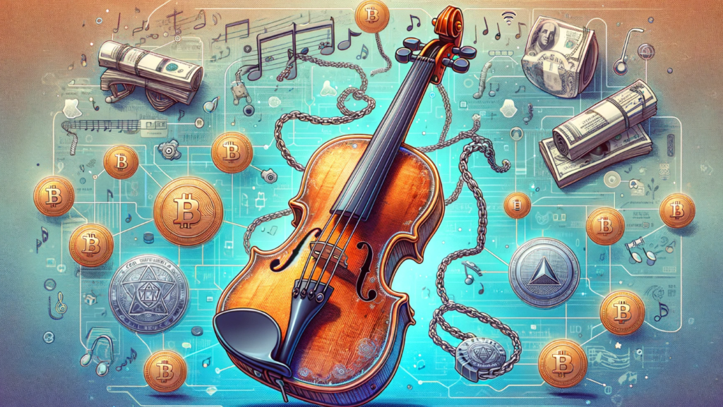 Illustration of a 300-year-old Stradivarius violin being tokenized by Galaxy Digital, surrounded by blockchain elements and historical references