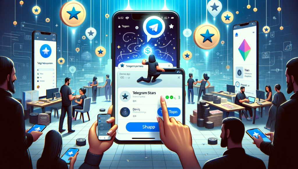 Illustration of Telegram's new digital mini-app payment system, Telegram Stars, showing users making in-app purchases on iOS and Android with developers swapping stars for TON via Fragment