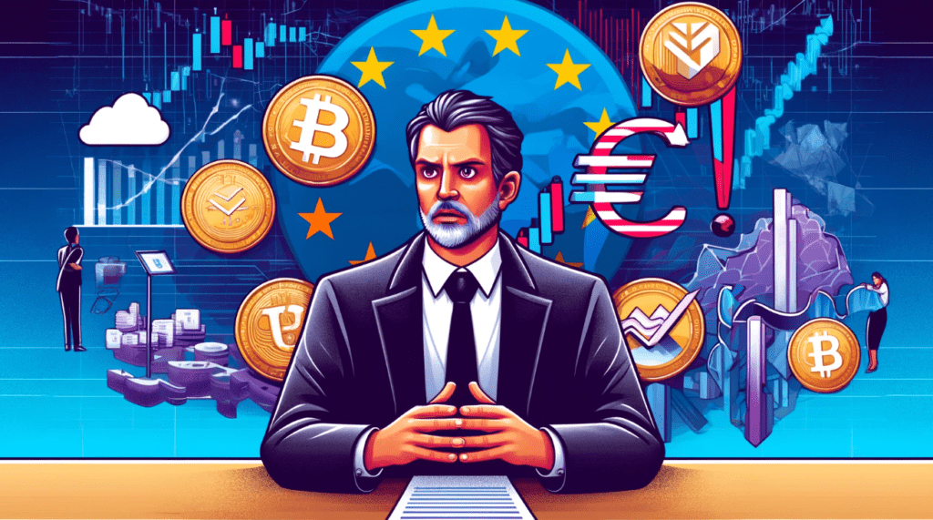 Illustration of Tether's CEO Paolo Ardoino expressing concerns about the EU's MiCA regulations with Tether's USDT stablecoin, regulatory symbols, and the European Union flag