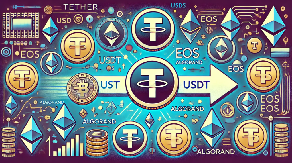 Illustration of Tether logo with blockchain network symbols in the background