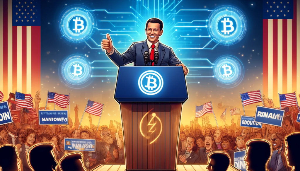 Illustration of Donald Trump accepting Bitcoin Lightning Network payments for his campaign donations, with Bitcoin symbols and Lightning Network graphics in the background