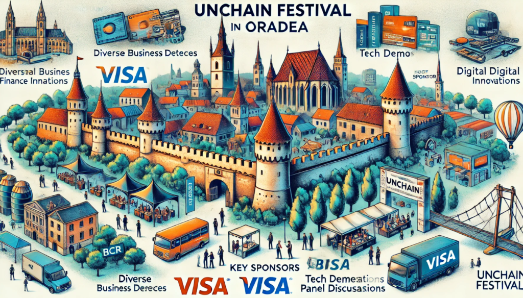 Illustration of Unchain Festival in Oradea with a medieval fortress backdrop, modern fintech elements, business delegates, tech demos, and panel discussions