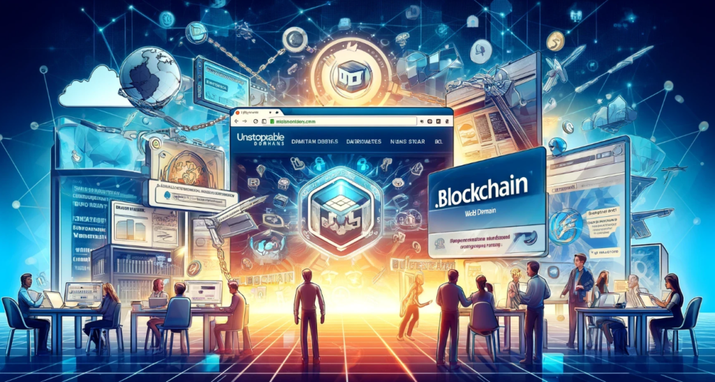 Illustration of the collaboration between Unstoppable Domains and Blockchain.com to create the .blockchain Web3 domain, featuring logos, a browser, and blockchain technology elements