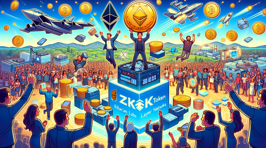 Illustration of ZKsync's upcoming ZK token airdrop, showing tokens being distributed, users celebrating, and references to blockchain technology