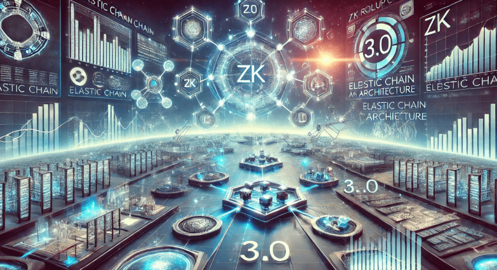 Illustration of ZKsync's new elastic chain architecture with interconnected chains and a unified user interface