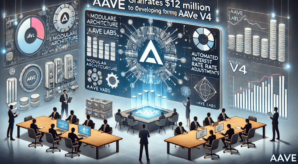 Aave Labs logo and digital blockchain network representation