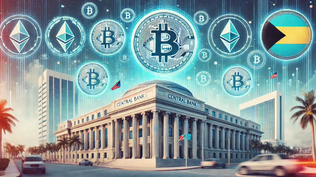 Bahamas Central Bank headquarters with digital currency symbols overlay