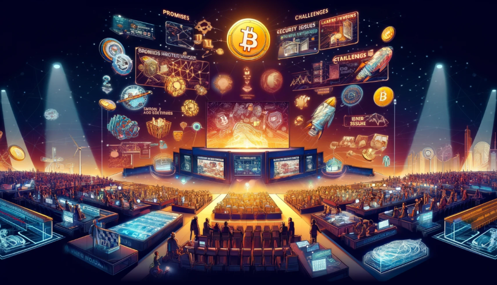 A dynamic image showcasing the Bitcoin 2024 conference with various layer 2 protocols being discussed