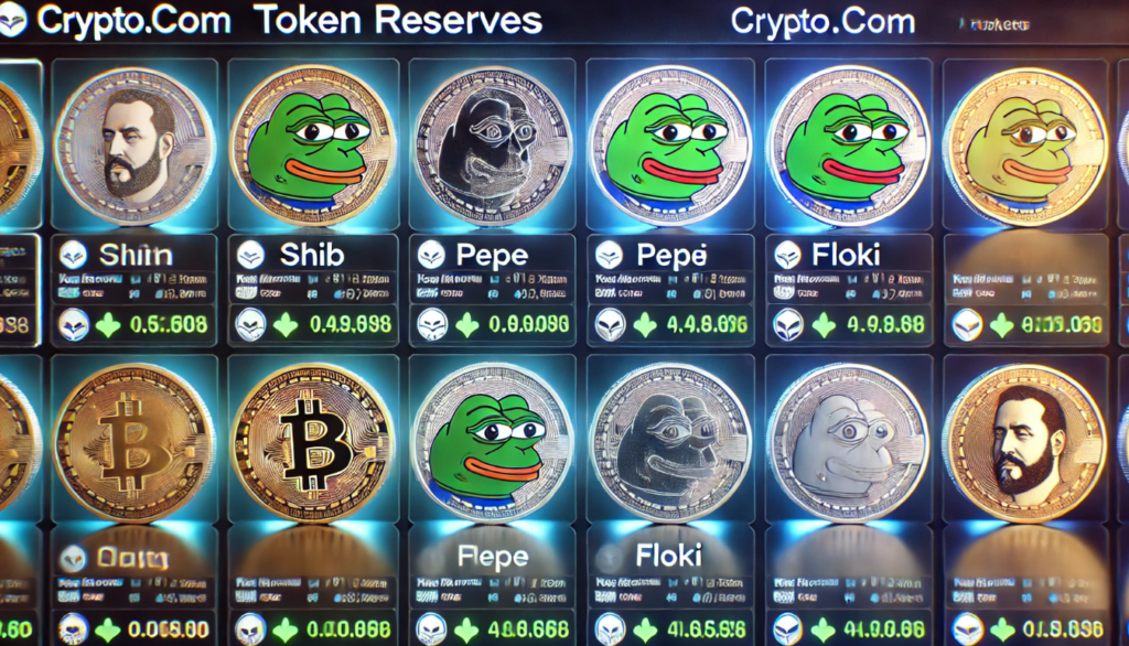 Crypto.com exchange platform displaying various memecoins such as SHIB, PEPE, and FLOKI.