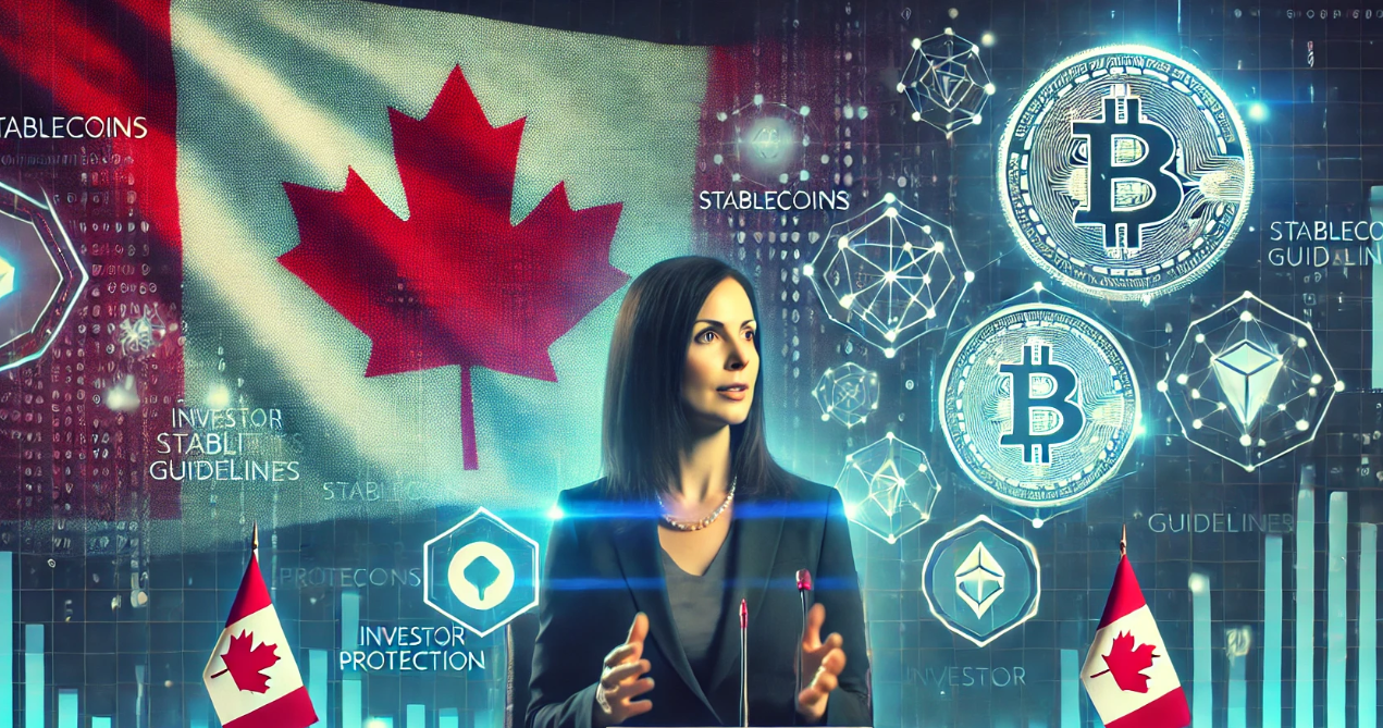 Suzanne Lasrado speaking at a conference, with visuals representing stablecoins and regulatory guidelines in the background