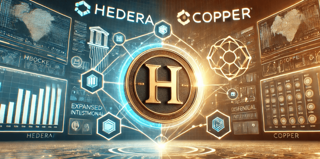 Hedera and Copper logos connected by digital lines, symbolizing the partnership and expanded institutional access to HBAR