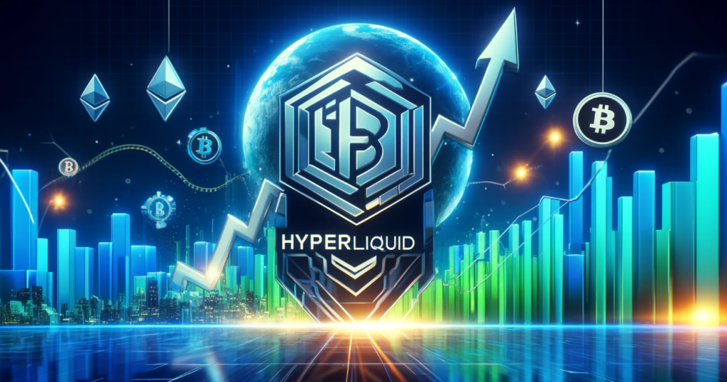 Hyperliquid logo with a graph showing rising trading volumes, symbolizing the platform's record-breaking performance