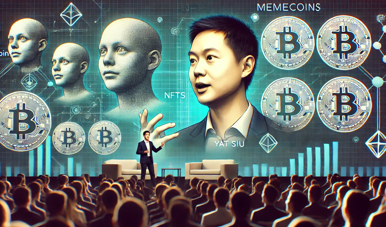 Yat Siu speaking at an event, with digital representations of NFTs and memecoins in the background