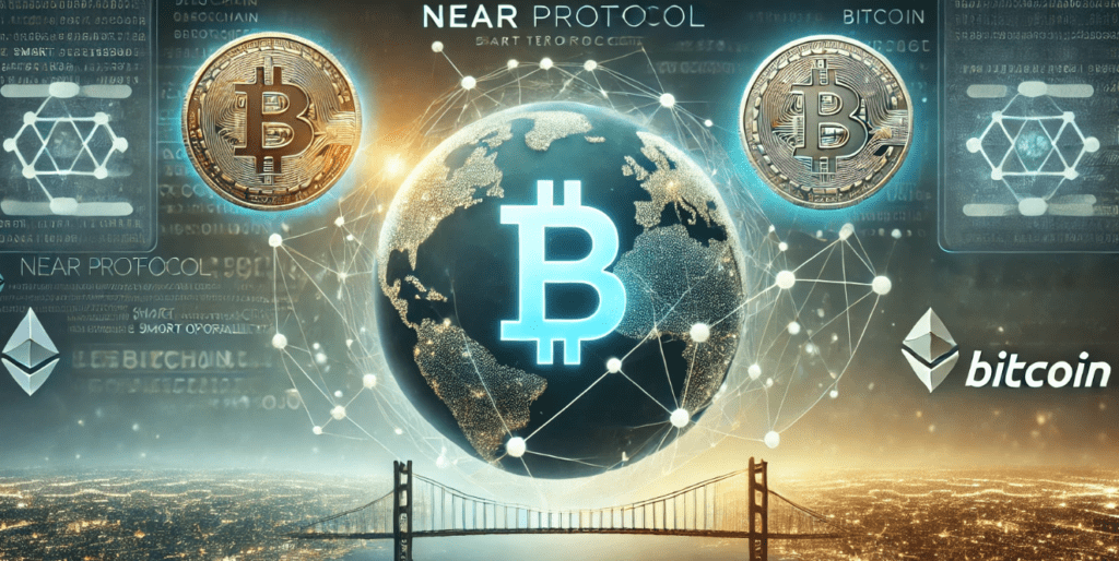 Near Protocol logo connected to Bitcoin, symbolizing interoperability between the two networks