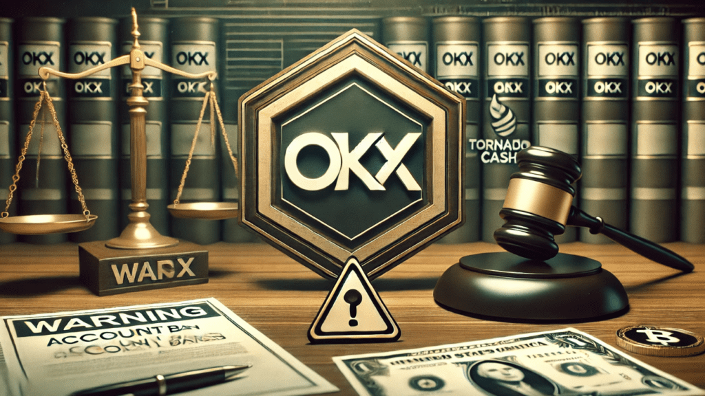 OKX logo with a warning symbol and Tornado Cash logo in the background, representing the account bans and regulatory actions