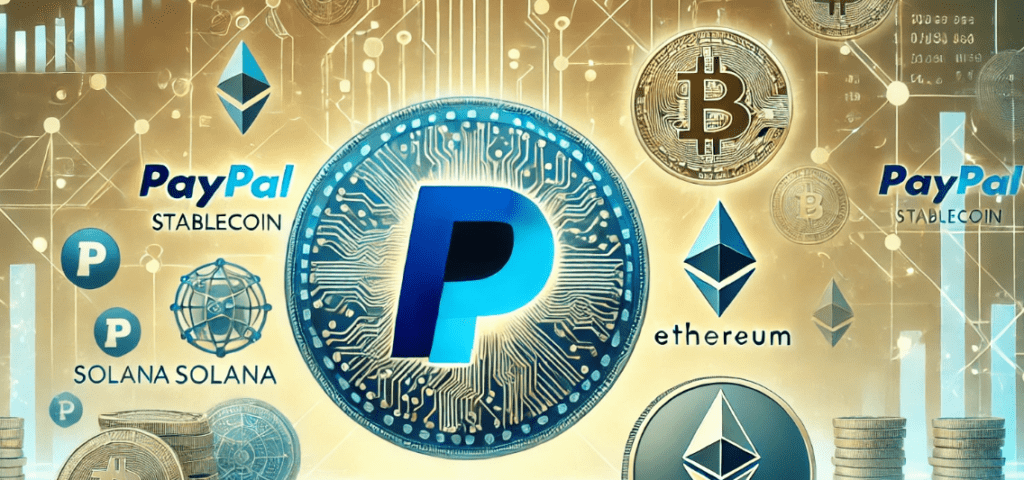 PayPal's PYUSD stablecoin logos on both Solana and Ethereum networks, with Solana supply surpassing Ethereum