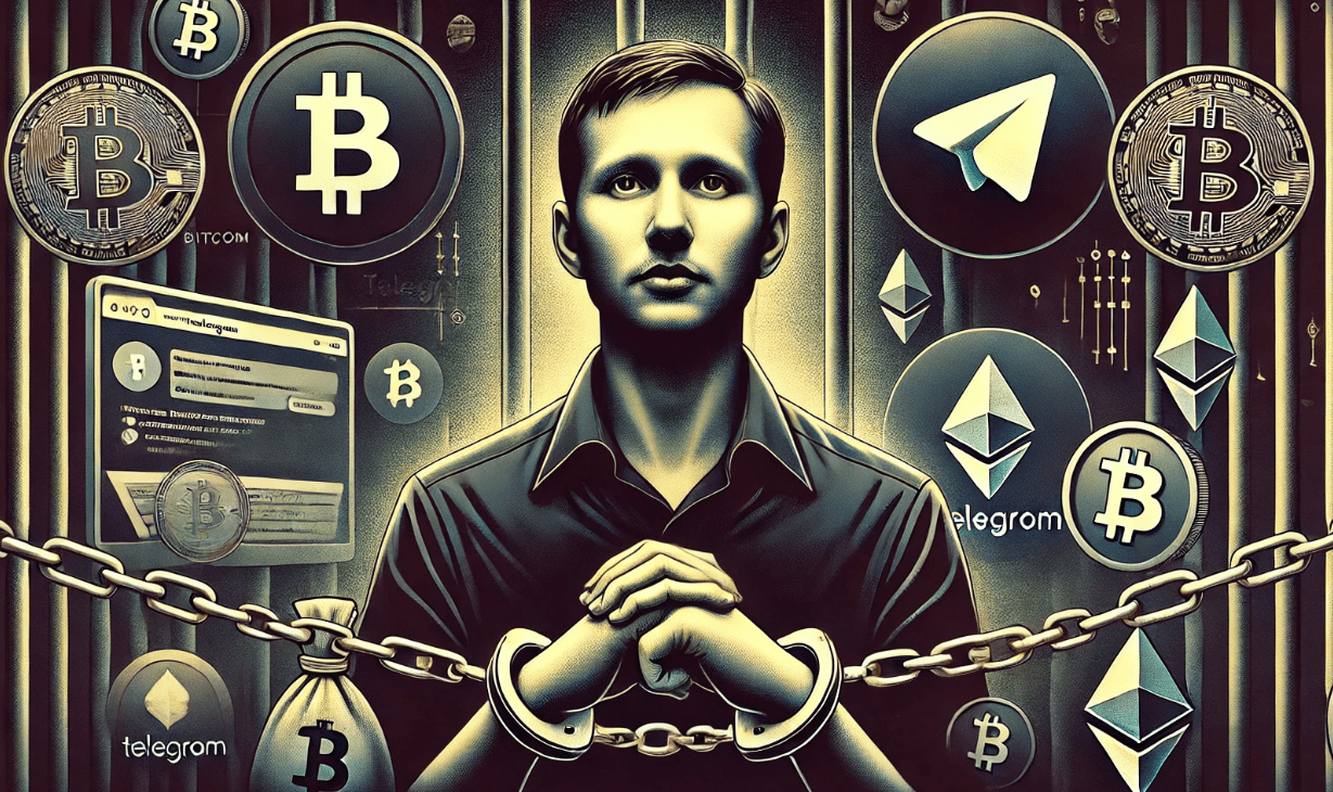 Illustration of Pavel Durov behind bars with a backdrop of Telegram and crypto symbols, highlighting the implications of his arrest