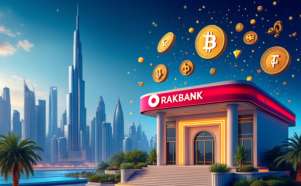 A digital illustration representing the partnership between RAKBANK and Bitpanda, with elements of the UAE and cryptocurrency symbols intertwined