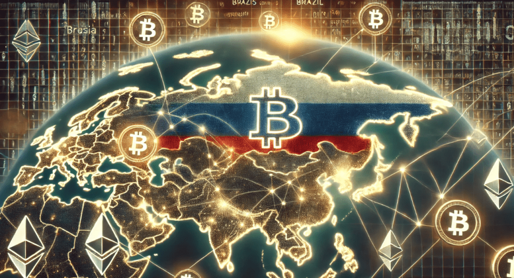 A digital illustration showing Russia's map with cryptocurrency symbols, representing the country's move towards digital currency for trade