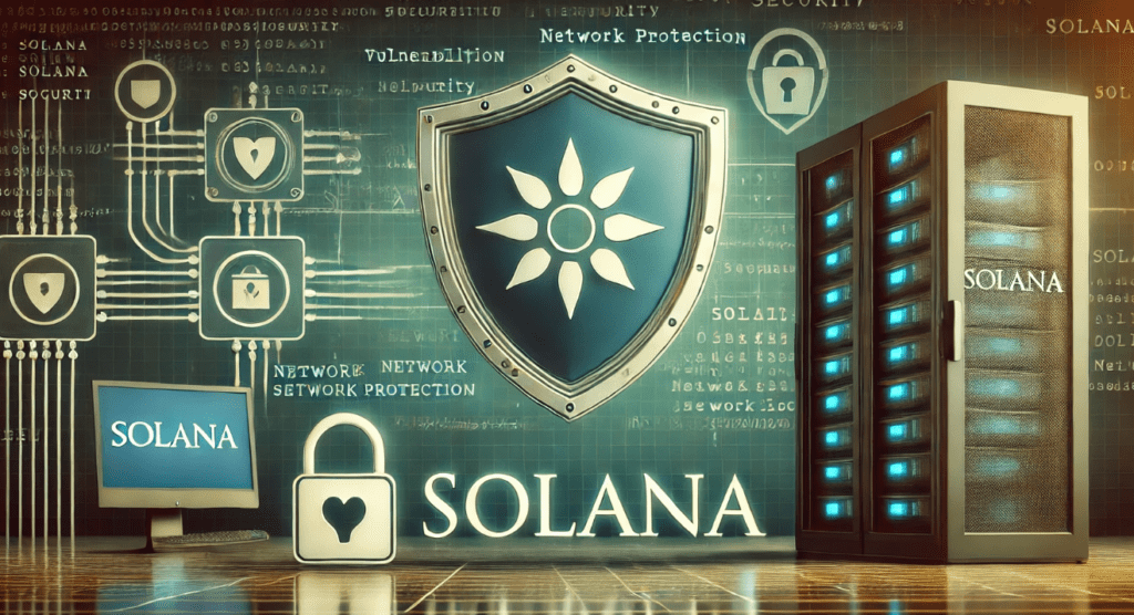 Solana logo with a shield symbol, representing the patching of a critical vulnerability to prevent a network outage