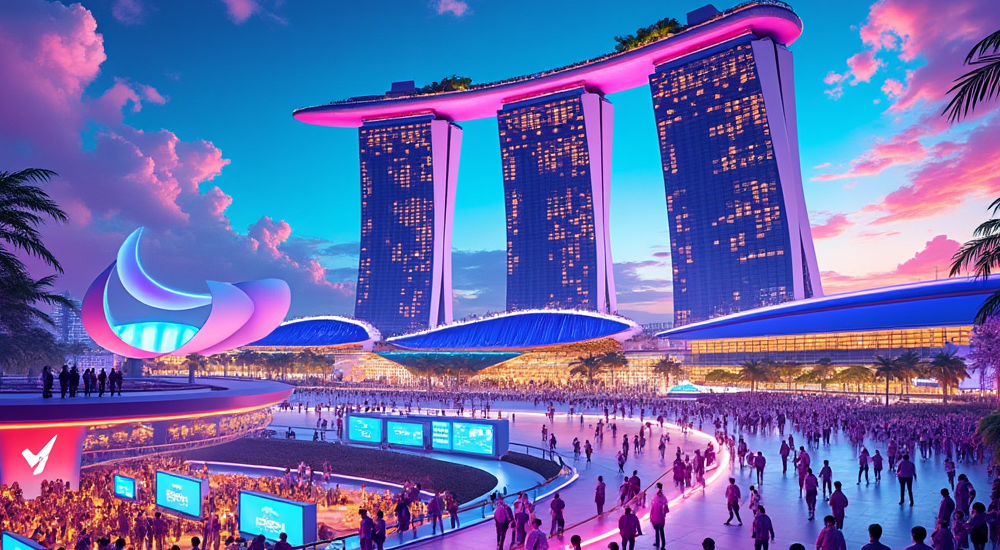 A digital illustration of the TOKEN2049 event at Marina Bay Sands, showcasing a vibrant mix of Web3 technology, interactive zones, and global networking opportunities.