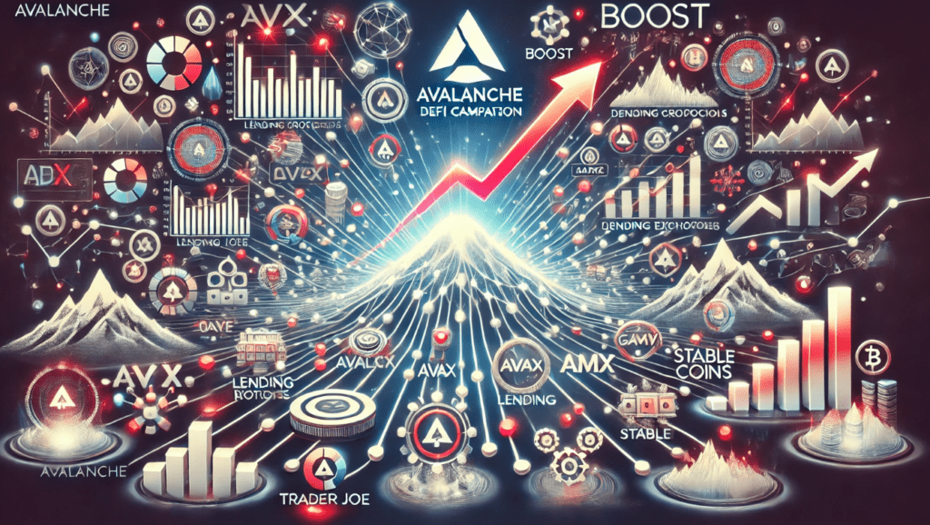 A dynamic visual representation of the Avalanche DeFi ecosystem and the impact of the BOOST campaign, showcasing interconnected liquidity networks, AVAX tokens, and various DeFi elements like lending protocols and decentralized exchanges