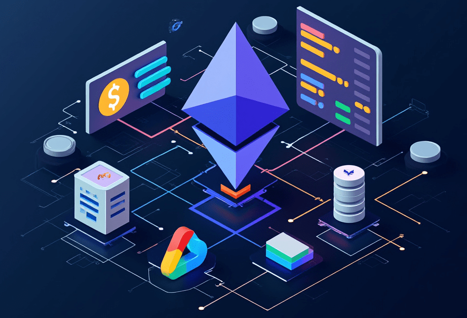 Google Cloud infrastructure connected to the Ethereum network through blockchain RPC service, symbolizing developer access to blockchain data and cloud technology