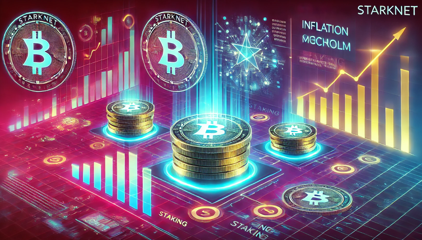 A digital illustration representing Starknet’s dynamic staking mechanism, showing fluctuating token minting rates and a balance scale symbolizing inflation control