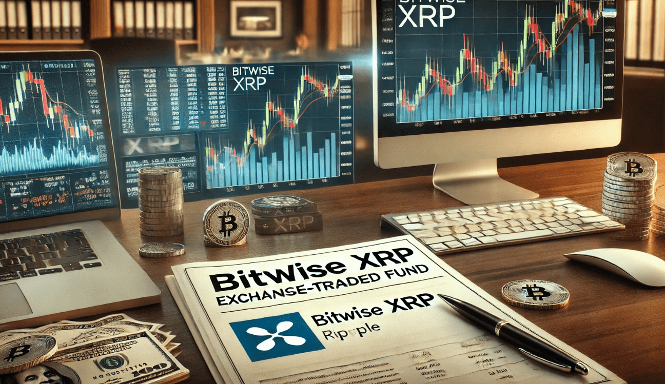 A document labeled "Bitwise XRP ETF" displayed on a desk with stock market charts and cryptocurrency symbols in the background, representing the concept of a spot XRP ETF filing